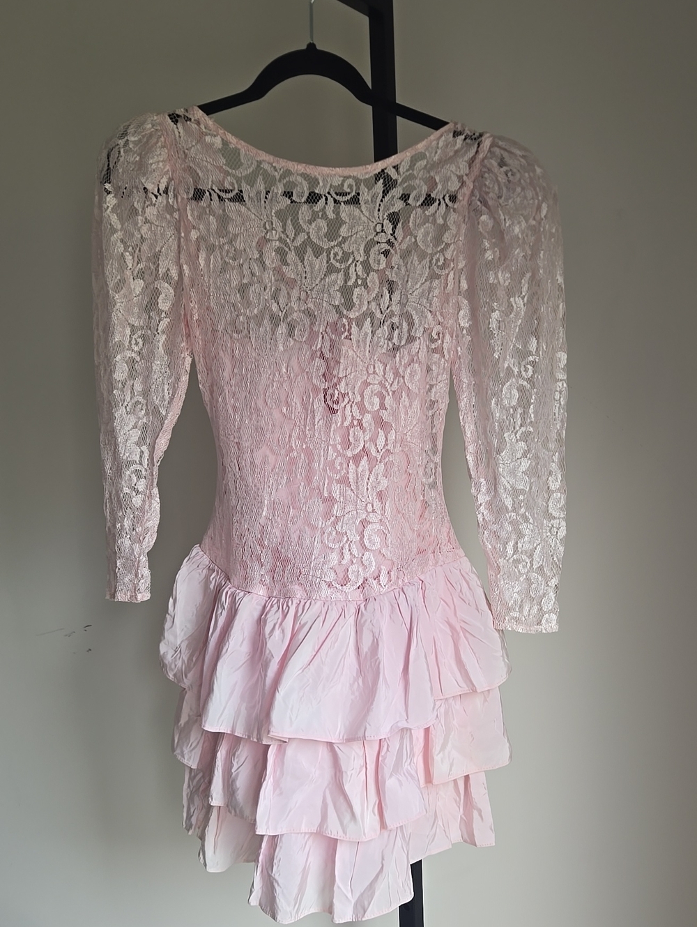 Vintage 1980's Pink Lace Tiered Ruffle Dress With Bow Mini Dress Size:XS